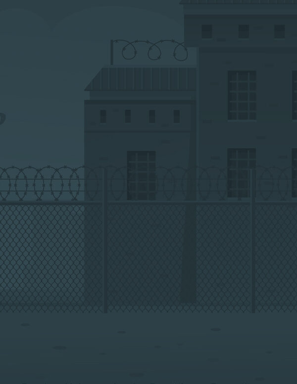 A cartoon image of the exterior of a prison with a dark color overlay