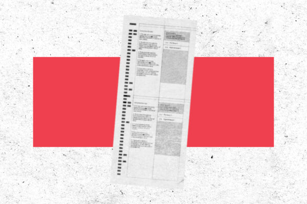 Voting ballot on a red rectangle on a textured white background