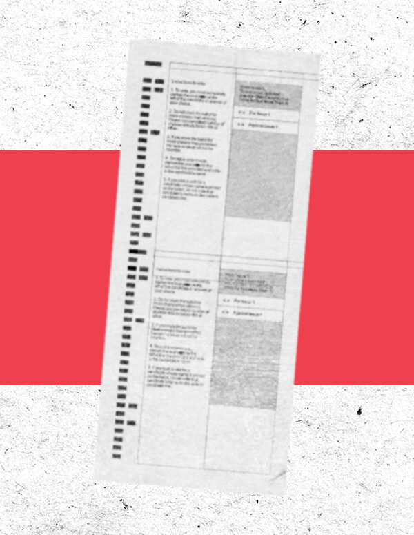 Voting ballot on a red rectangle on a textured white background