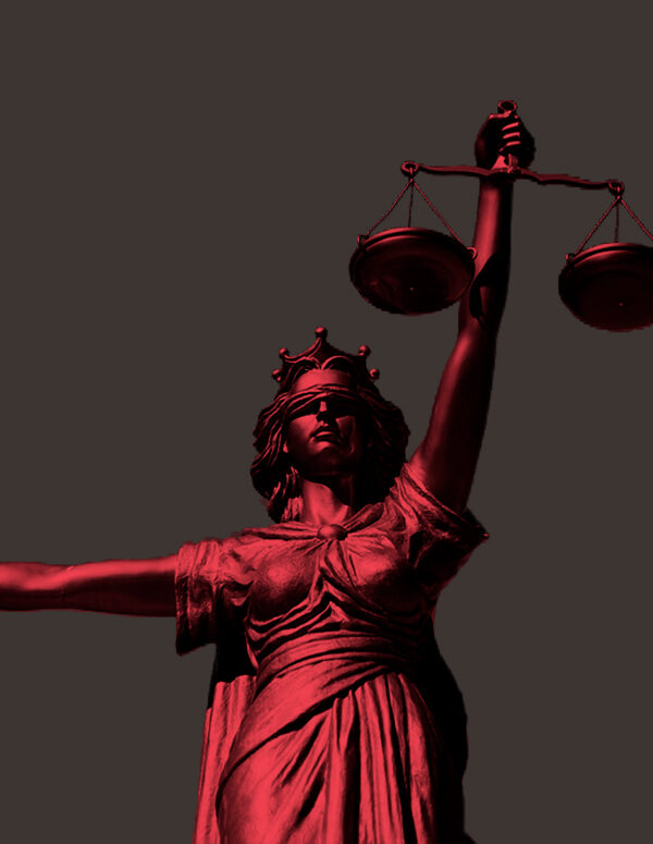 Lady Justice with a red color overlay on a grey background