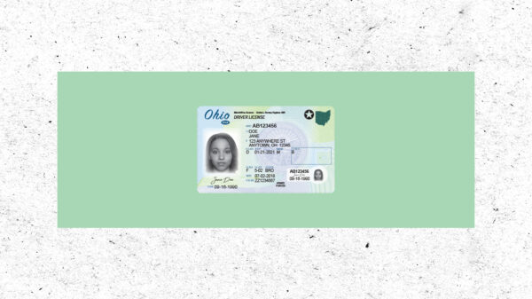 Ohio photo ID in a green rectangle on a textured white background