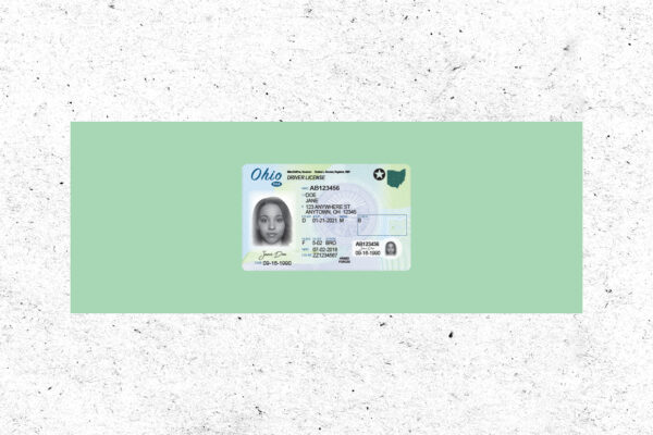 Ohio photo ID in a green rectangle on a textured white background