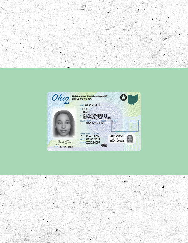 Ohio photo ID in a green rectangle on a textured white background