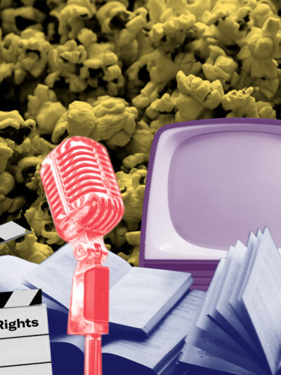 A collage of popcorn, a movie clapperboard, books, a vintage microphone, and a retro TV
