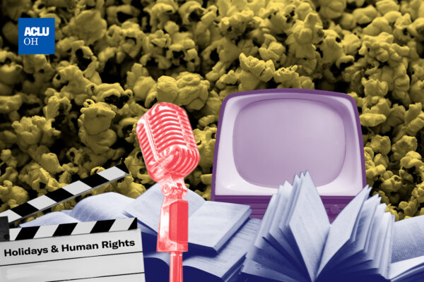A collage of popcorn, a movie clapperboard, books, a vintage microphone, and a retro TV
