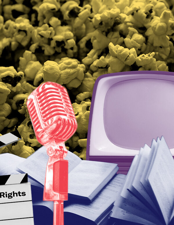 A collage of popcorn, a movie clapperboard, books, a vintage microphone, and a retro TV