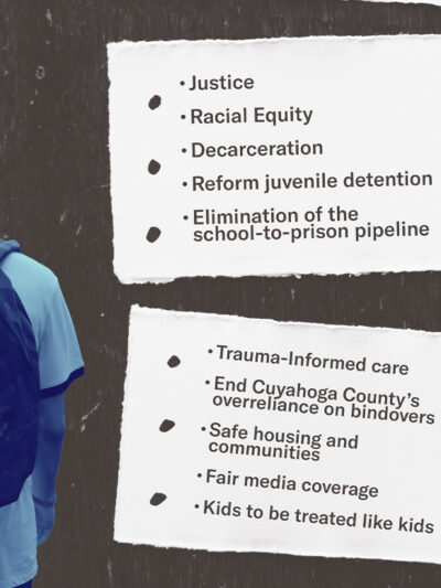 Student with a backpack with a navy color overlay next to two scraps of paper with a wish list written on them