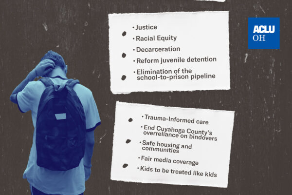 Student with a backpack with a navy color overlay next to two scraps of paper with a wish list written on them