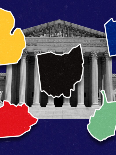 outline of several states with the Supreme Court in the background