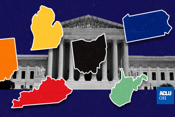 outline of several states with the Supreme Court in the background