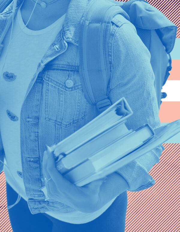 A student holding books and wearing a bookbag with a blue color overlay on a pink textured background with the colors of the trans flag in a striped pattern behind them