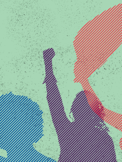 Green background with blue. purple, and red protestors
