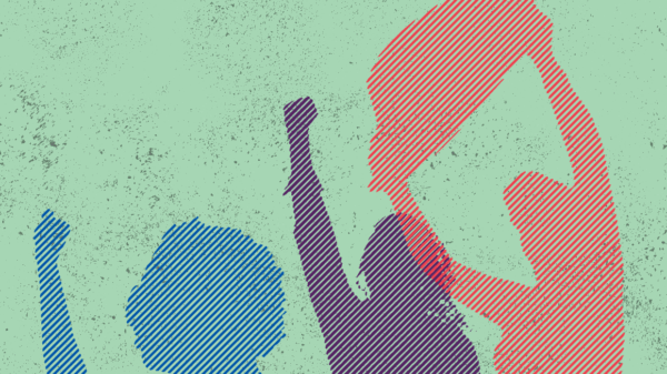 Green background with blue. purple, and red protestors