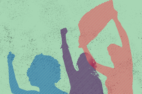 Green background with blue. purple, and red protestors