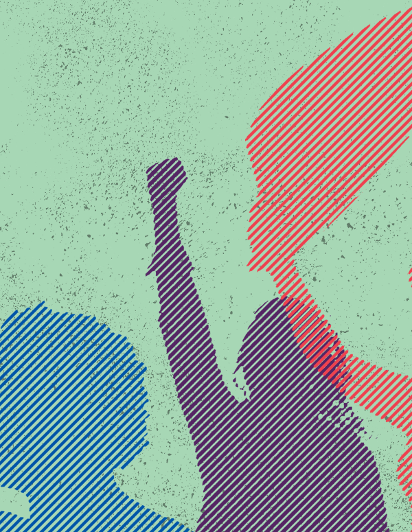 Green background with blue. purple, and red protestors