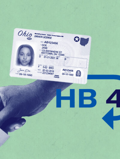 Green background with image of a hand casting a ballot and an Ohio ID. There is text reading HB 458.