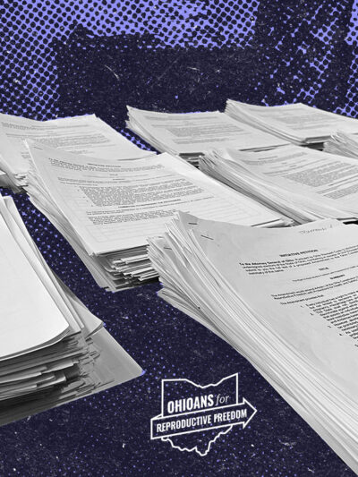 Image of piles of petitions with a purple background