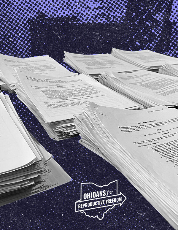 Image of piles of petitions with a purple background