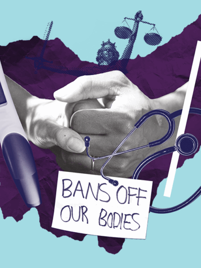 Purple Ohio reproductive rights collage with a light blue background
