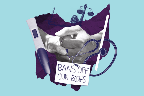 Purple Ohio reproductive rights collage with a light blue background