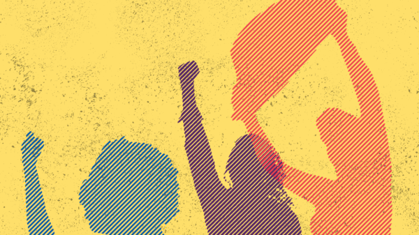 Yellow background with multi-colored protestors