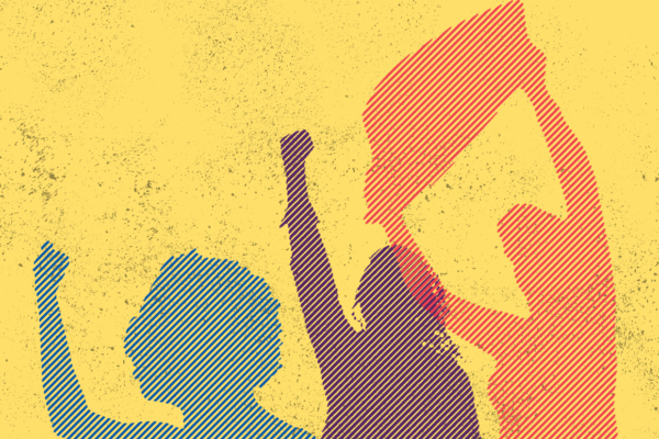 Yellow background with multi-colored protestors