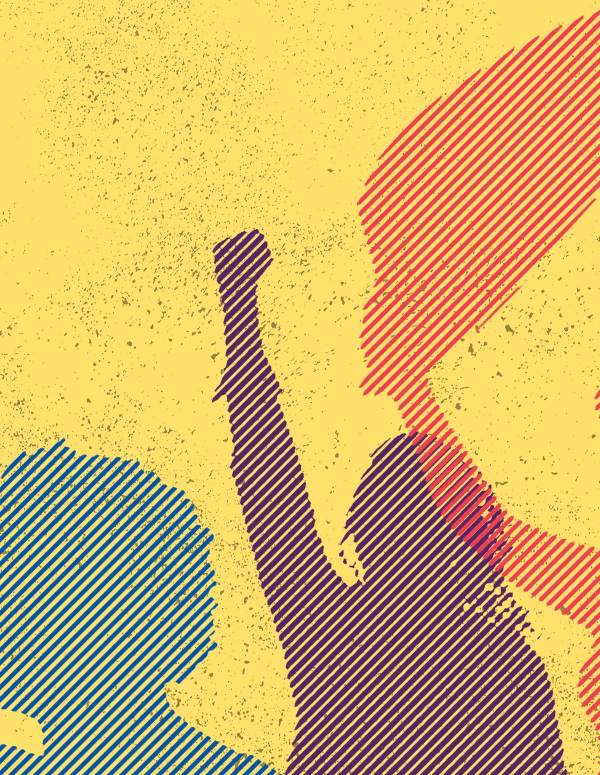 Yellow background with multi-colored protestors