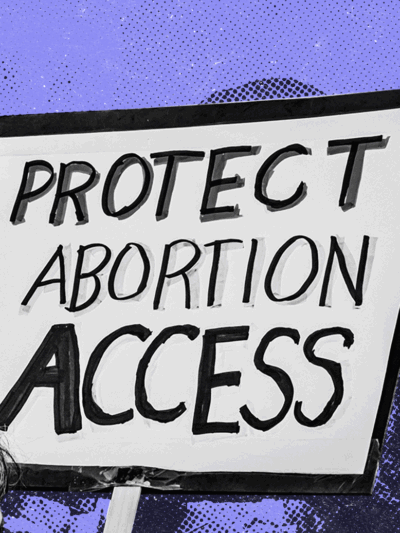 Purple background with a white sign reading "Protect Abortion Access"