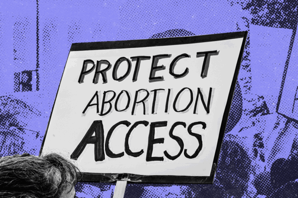 Purple background with a white sign reading "Protect Abortion Access"