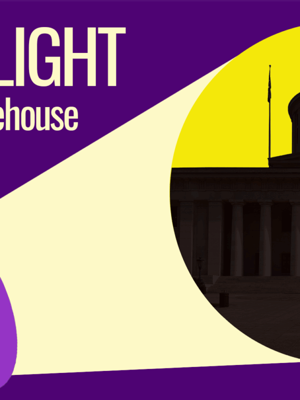 Purple background with an image of a flashlight shining at the Ohio Statehouse. Text reads "Shine a Light on the Ohio Statehouse. Demand better transparency and disclosure laws."