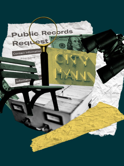 Green background with multiple images of money, public records request, binoculars, and documents