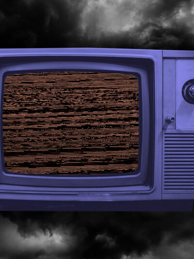 TV with dark clouds behind it