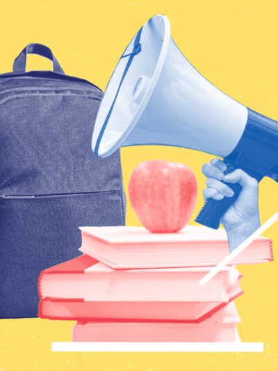 Image of a bullhorn, backpack, schoolbooks, and an apple