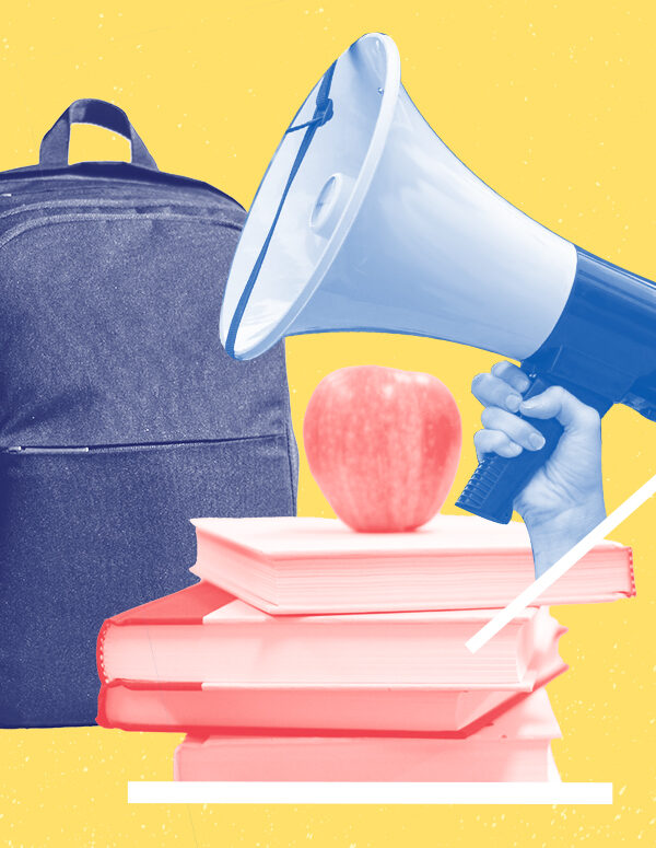 Image of a bullhorn, backpack, schoolbooks, and an apple