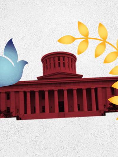 Image of the Ohio Statehouse and a blue dove