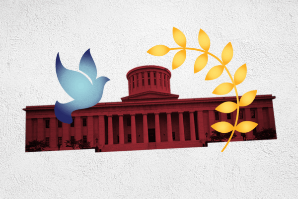 Image of the Ohio Statehouse and a blue dove