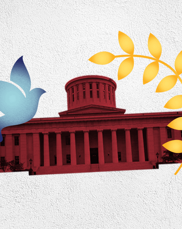 Image of the Ohio Statehouse and a blue dove