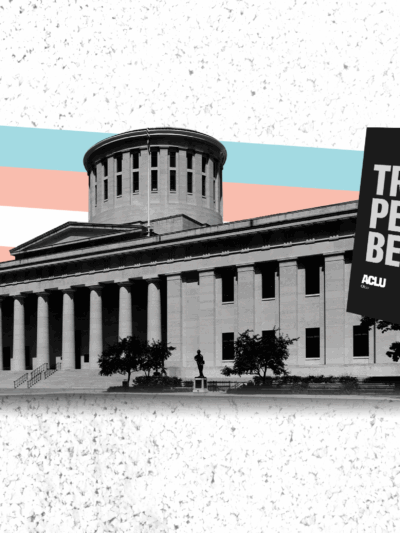 Image of a bullhorn, the Ohio Statehouse, and protest sign with the trans flag behind it