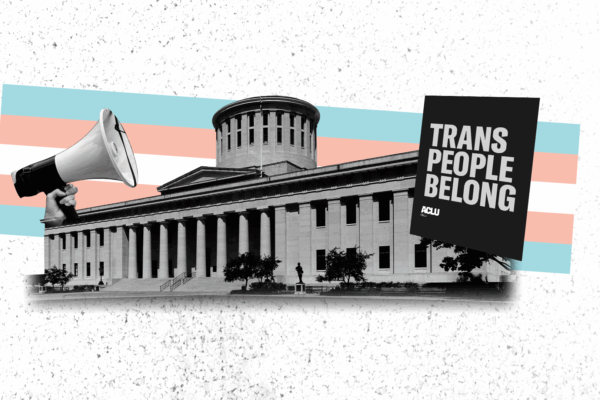 Image of a bullhorn, the Ohio Statehouse, and protest sign with the trans flag behind it