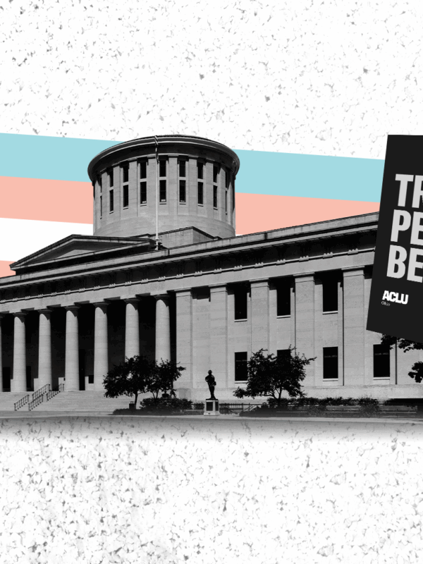 Image of a bullhorn, the Ohio Statehouse, and protest sign with the trans flag behind it