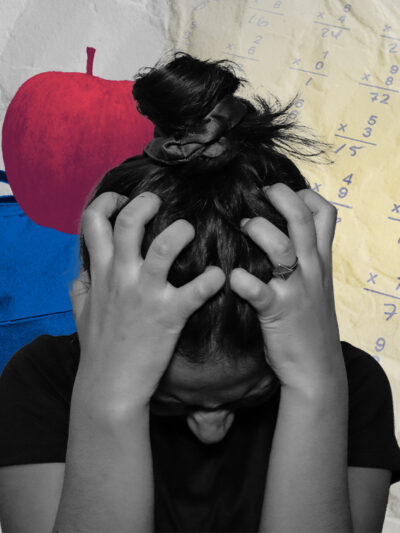 Student looking distraught with a photo of a backpack and apple.