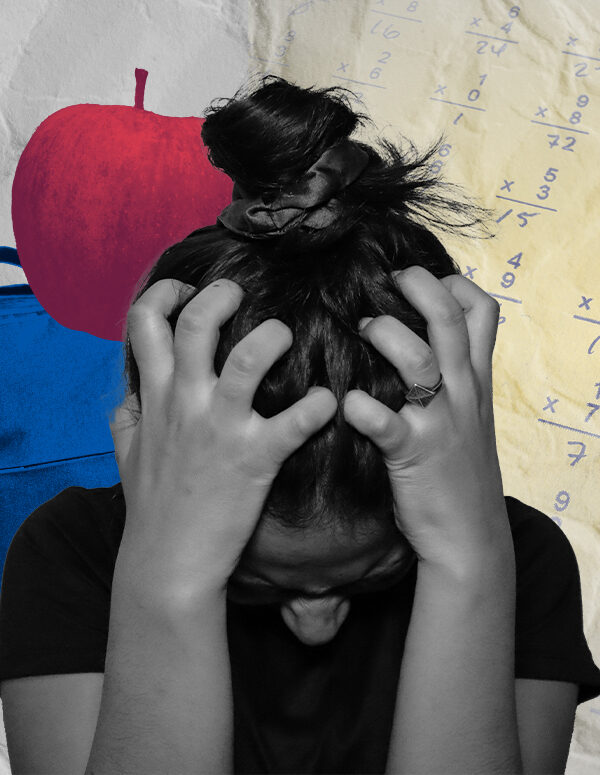Student looking distraught with a photo of a backpack and apple.