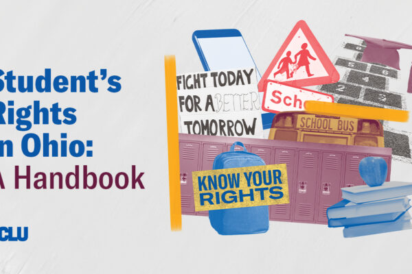 Students Rights In Ohio - A Handbook - A collage including lockers, a school crossing street sign, graduation cap, hopscotch, school bus, backpack, and school books