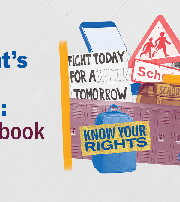 Students Rights In Ohio - A Handbook - A collage including lockers, a school crossing street sign, graduation cap, hopscotch, school bus, backpack, and school books