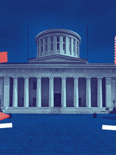 Image of a the Ohio Statehouse, a microphone, and a podium