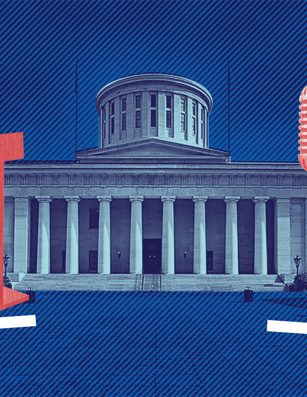 Image of a the Ohio Statehouse, a microphone, and a podium