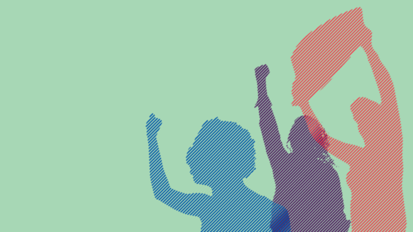 Green background multicolored protestors