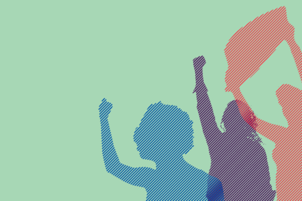 Green background multicolored protestors