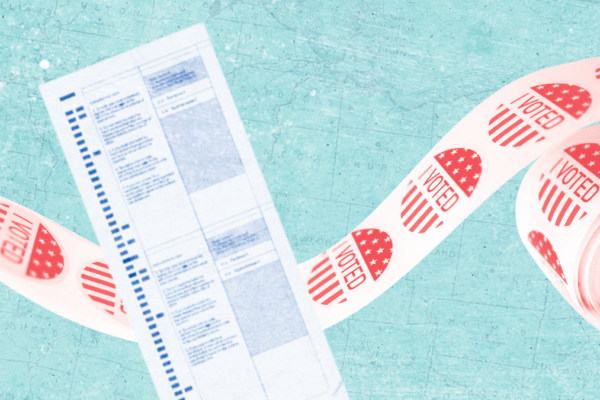 Map background with I voted stickers and ballot