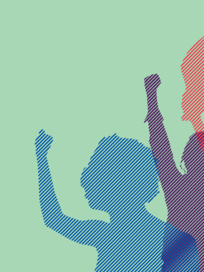 Green background with multi colored protesters